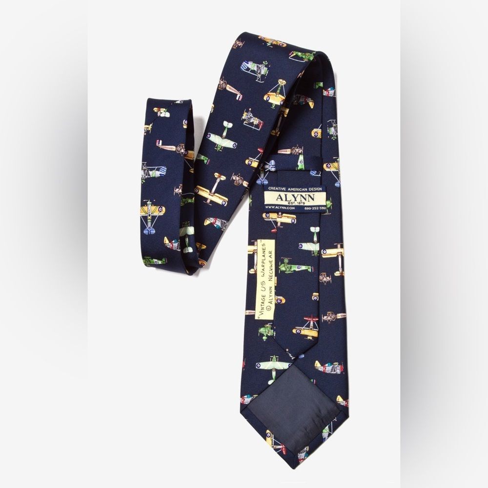 Vintage Alynn® 100% Silk Tie – U.S. Warplanes Navy Blue Air Force Military Print - Picture 3 of 4